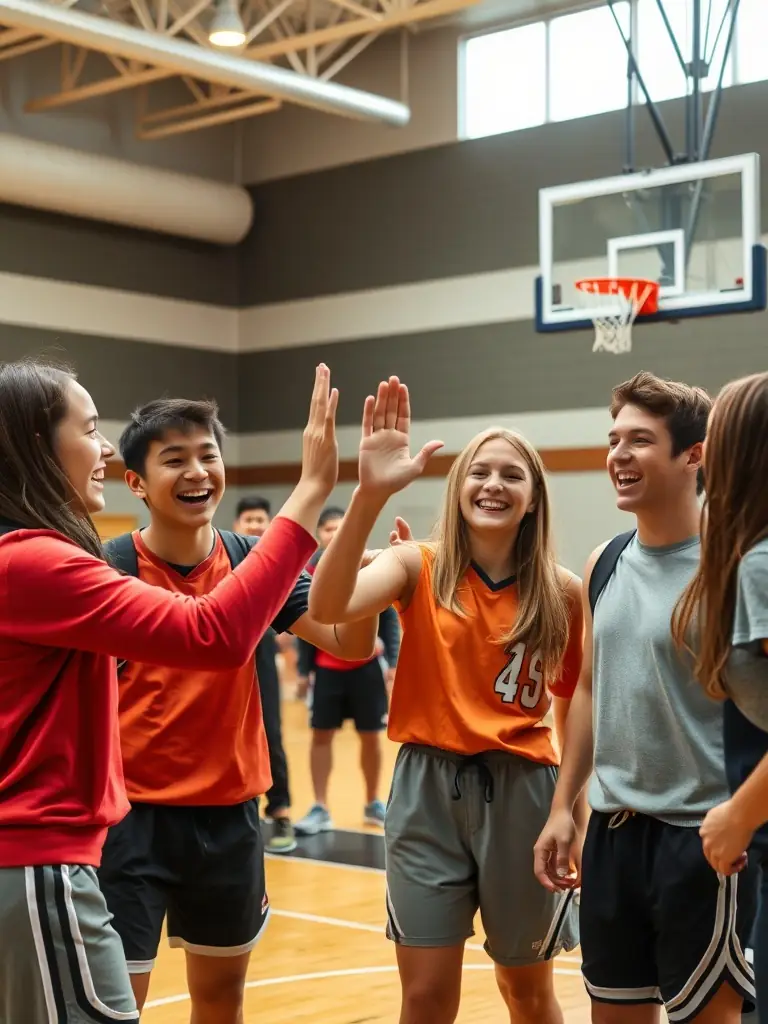 A group of students laughing and high-fiving after a successful basketball game, showcasing teamwork and camaraderie.
