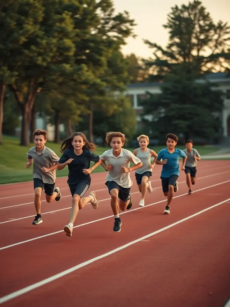 A group of students practicing athletics on the school track, highlighting speed, agility, and determination.
