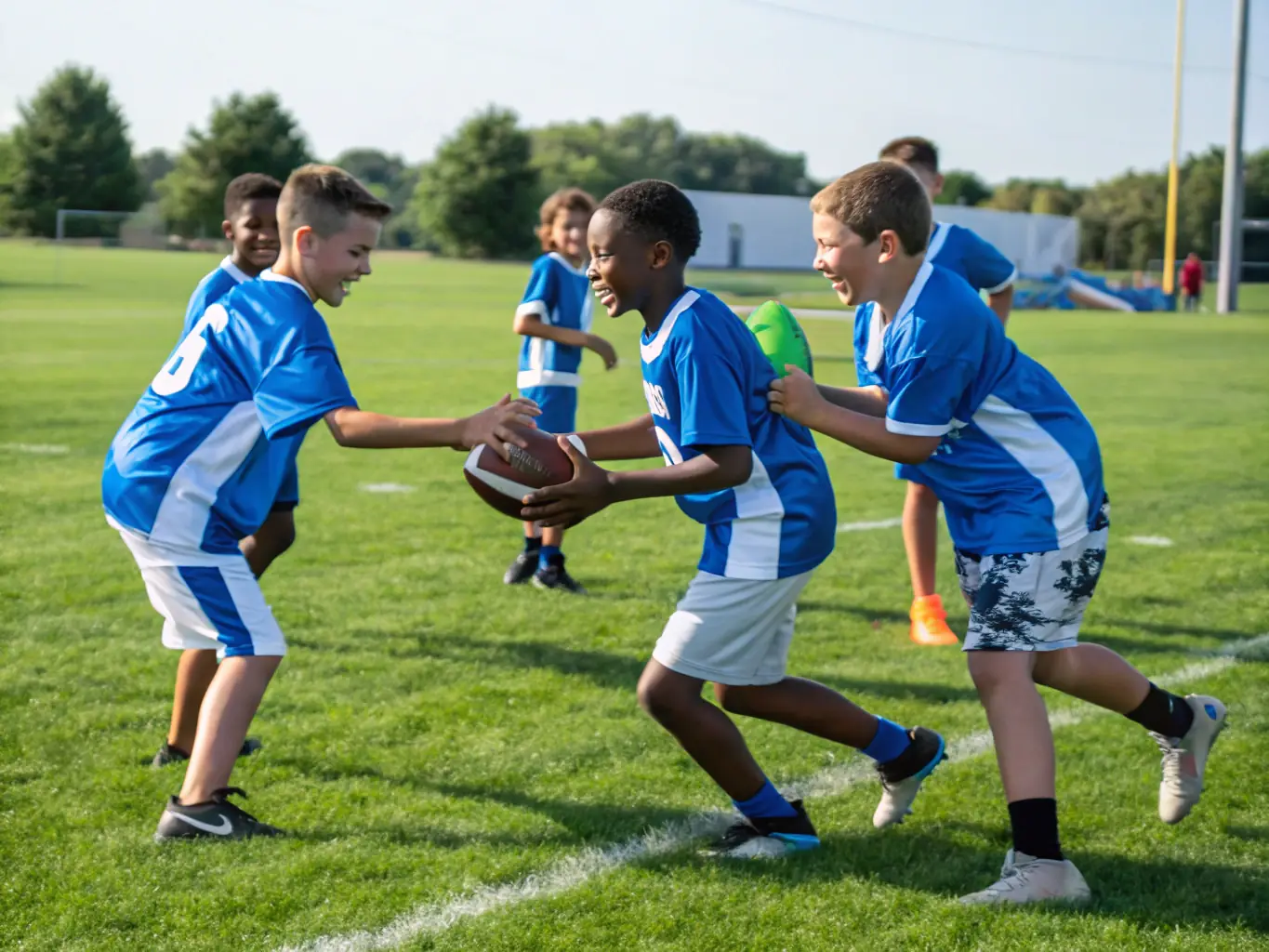 Students participating in a football training session on the school's sports field, focusing on agility and coordination.