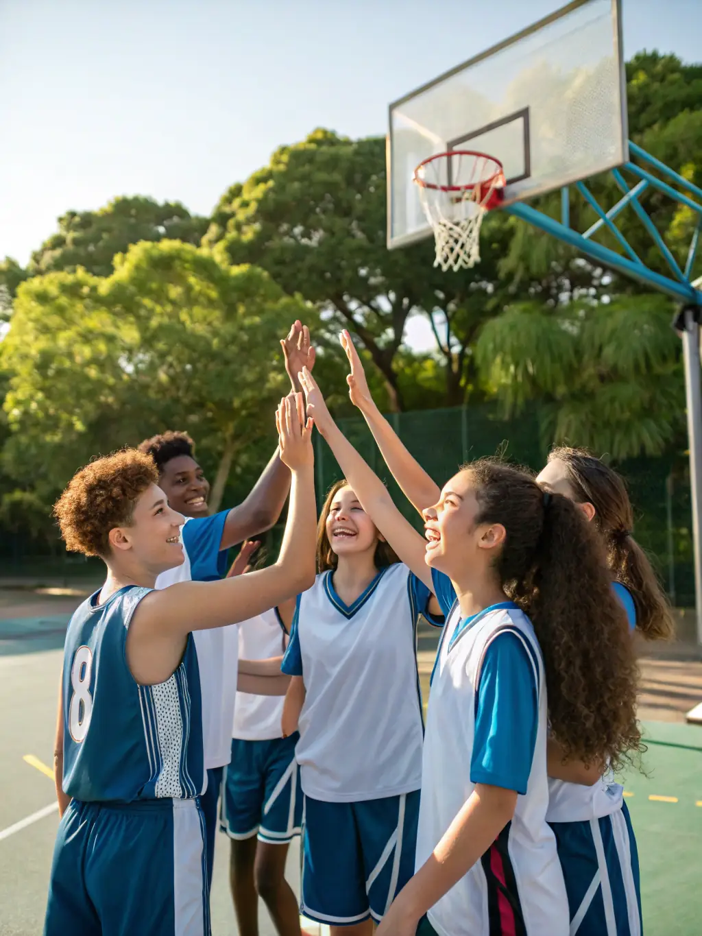 A group of students celebrating a victory after a basketball game, showcasing the joy and camaraderie fostered by the Association Sportive du Collège de Chaudes-Aigues.