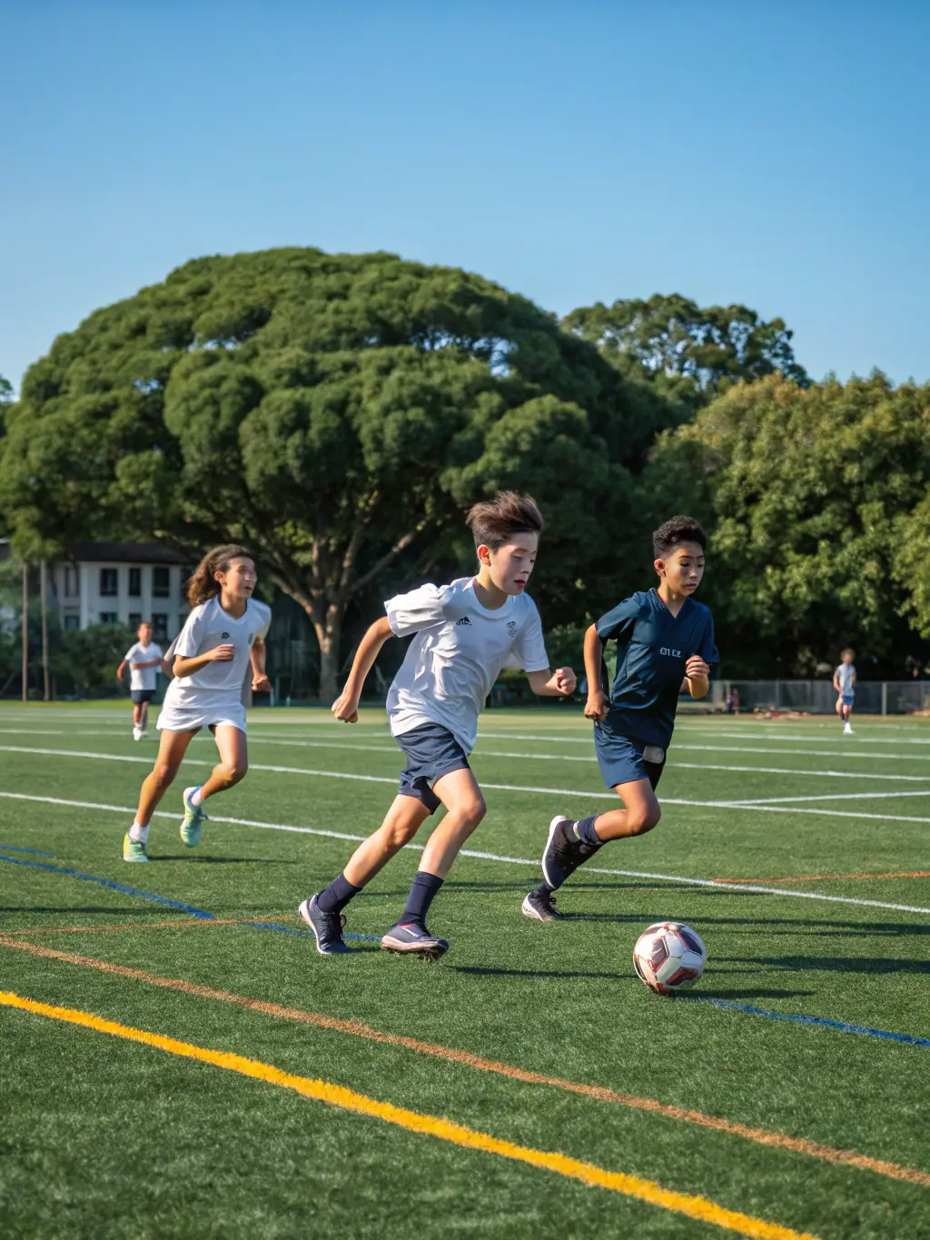 Students collaborating on a strategy during a football match, demonstrating problem-solving and communication skills.