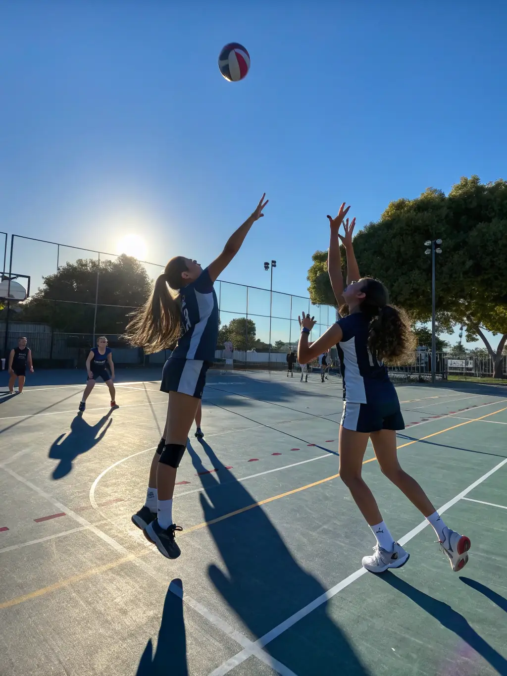 Students engaged in a volleyball match, demonstrating teamwork and coordination, set against the backdrop of the school's sports facilities.