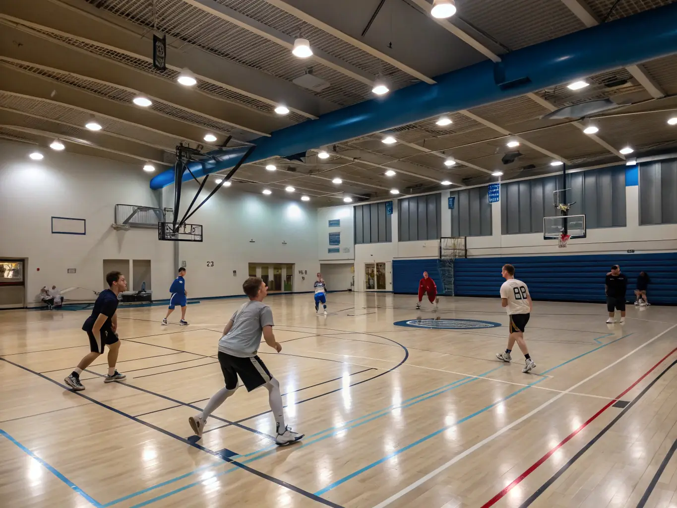 A group of students enthusiastically playing basketball in the school gymnasium, showcasing teamwork and sportsmanship during a training session.