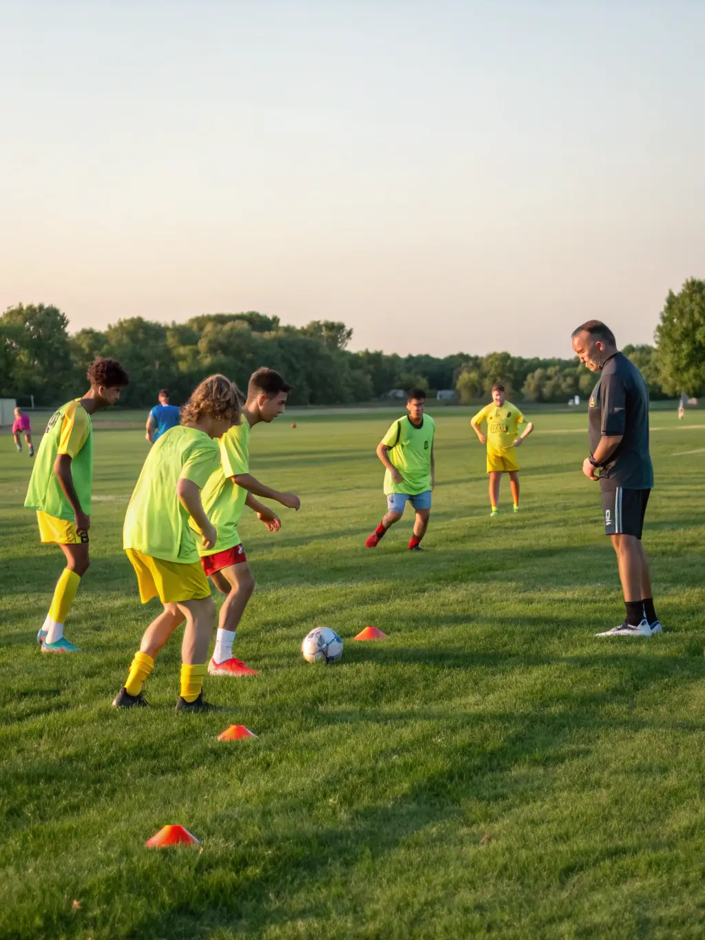 Students participating in a structured training session for football, emphasizing the professional coaching and skill development offered by the association.