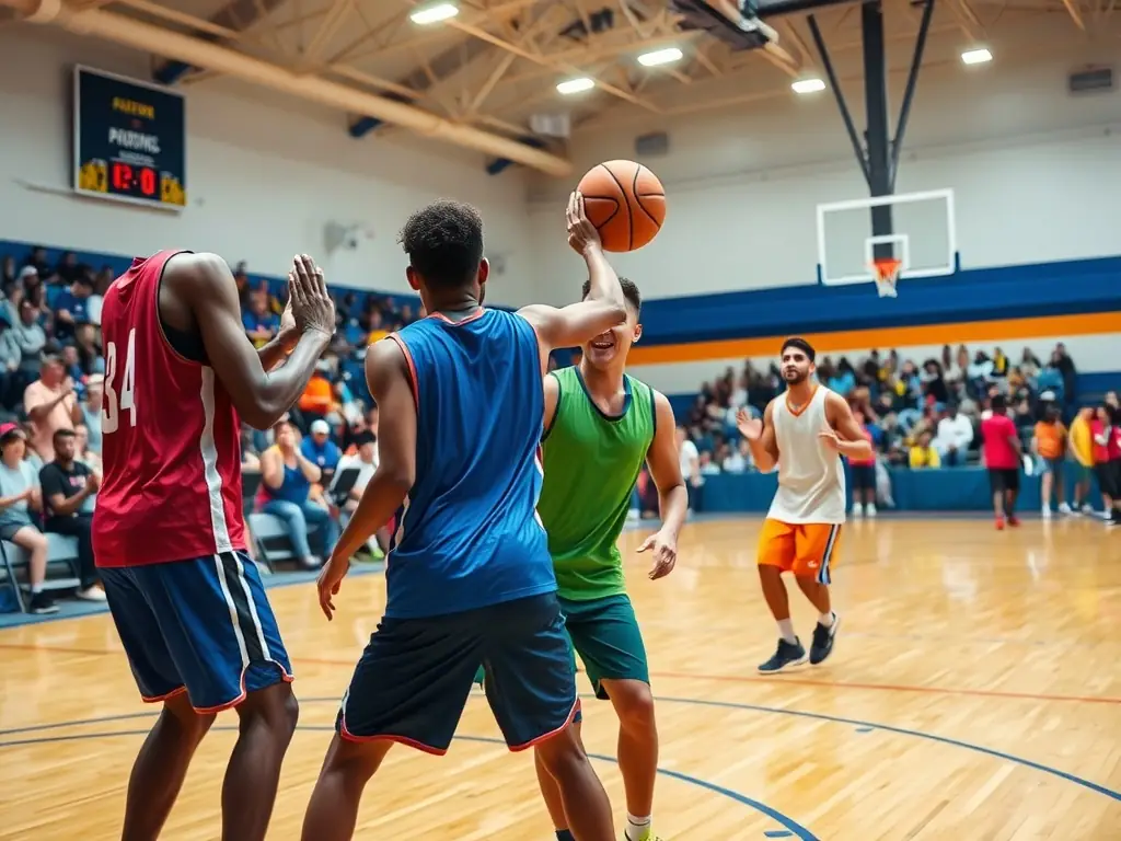 A group of students playing basketball in the school gymnasium, showcasing teamwork and sportsmanship.