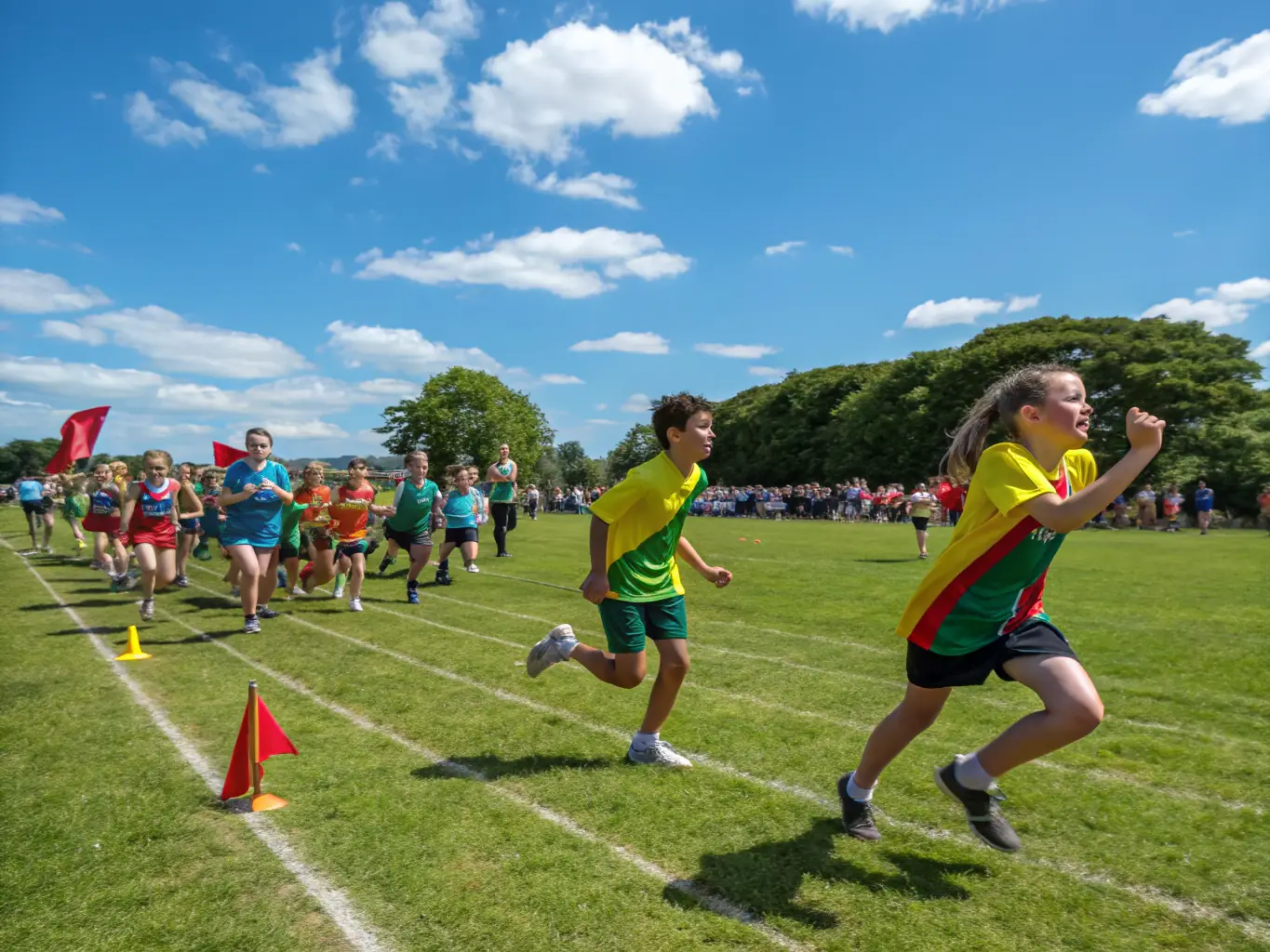 Students participating in a track and field event on a sunny day, demonstrating speed and agility during a school sports competition.