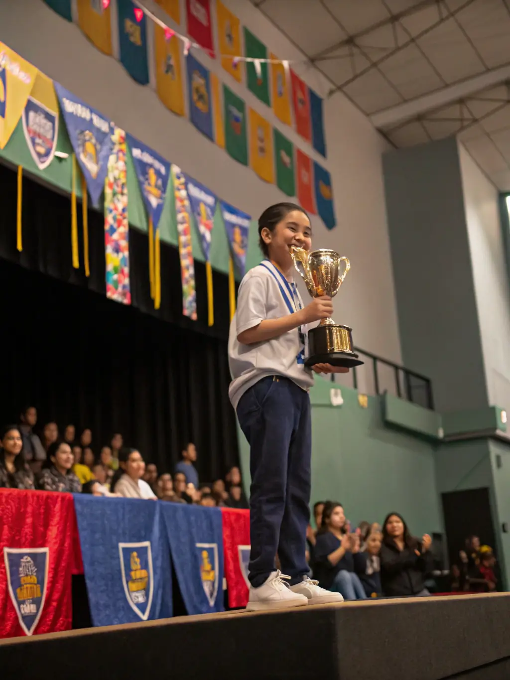 A student athlete receiving an award for outstanding performance in athletics, highlighting the recognition and personal growth opportunities provided by the association.