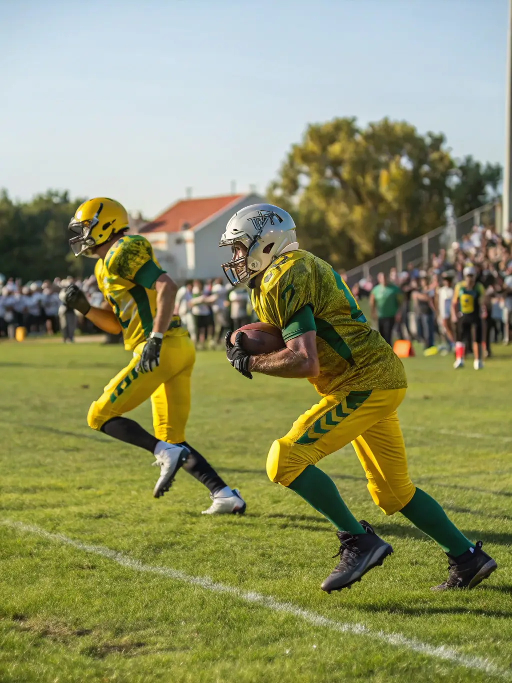 An action shot of students participating in a football match, showcasing the excitement and energy of the sport.