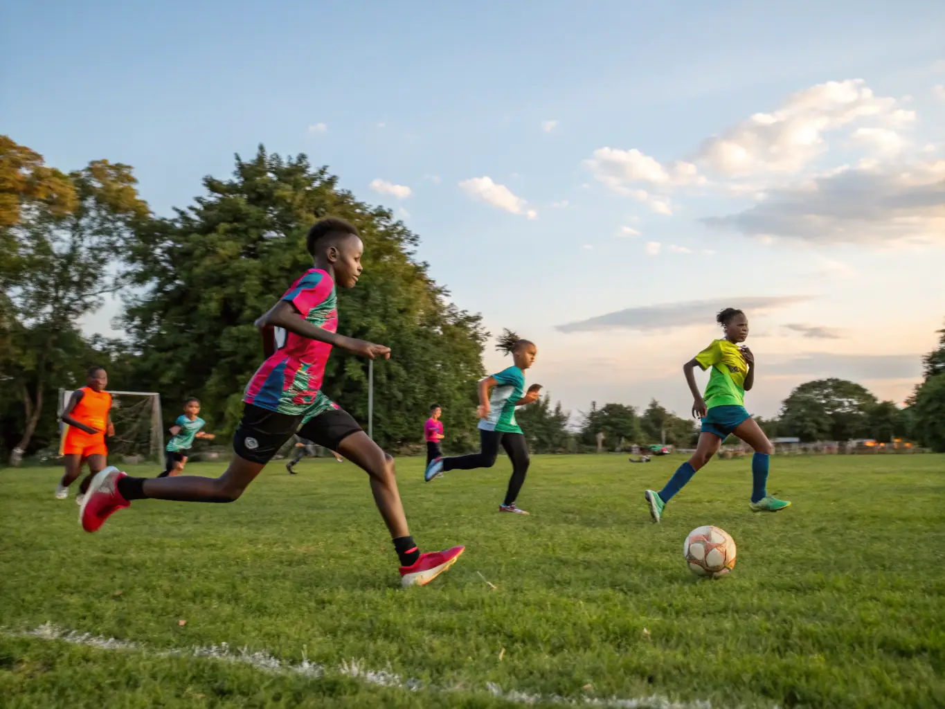 Students participating in a football match on the school's sports field, demonstrating agility and coordination.
