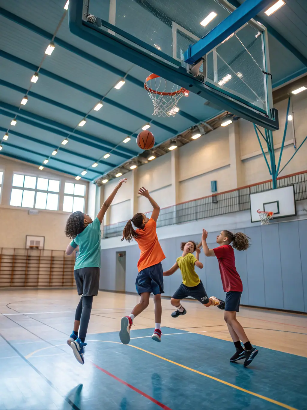 A dynamic image of students playing basketball in the school gymnasium, emphasizing teamwork and sportsmanship.