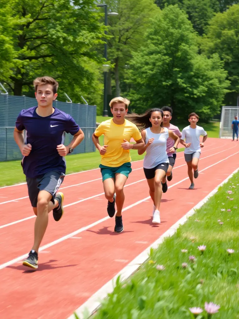 A group of students participating in an athletics event on the school track, demonstrating speed, agility, and determination.