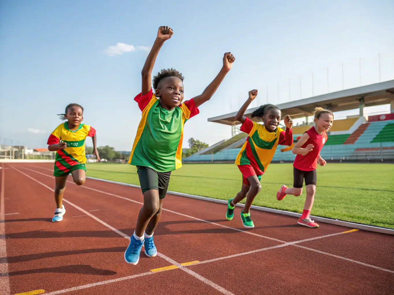 Students running track and field during an athletics event, demonstrating speed and endurance.
