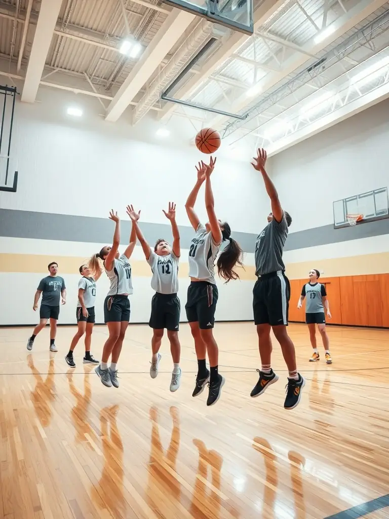 An action shot of students playing a basketball game in the school gymnasium, highlighting the fast-paced and competitive nature of the sport.