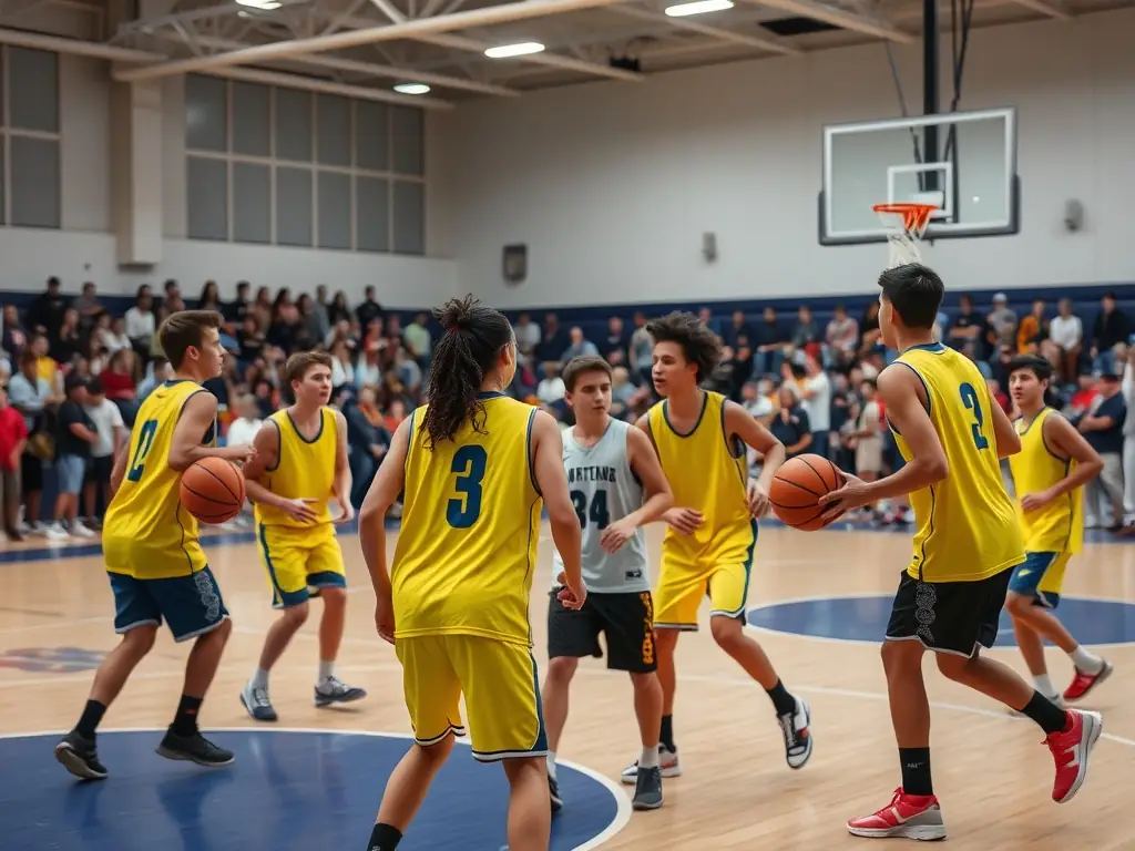 A group of students enthusiastically playing basketball in the school gymnasium, showcasing teamwork and sportsmanship.