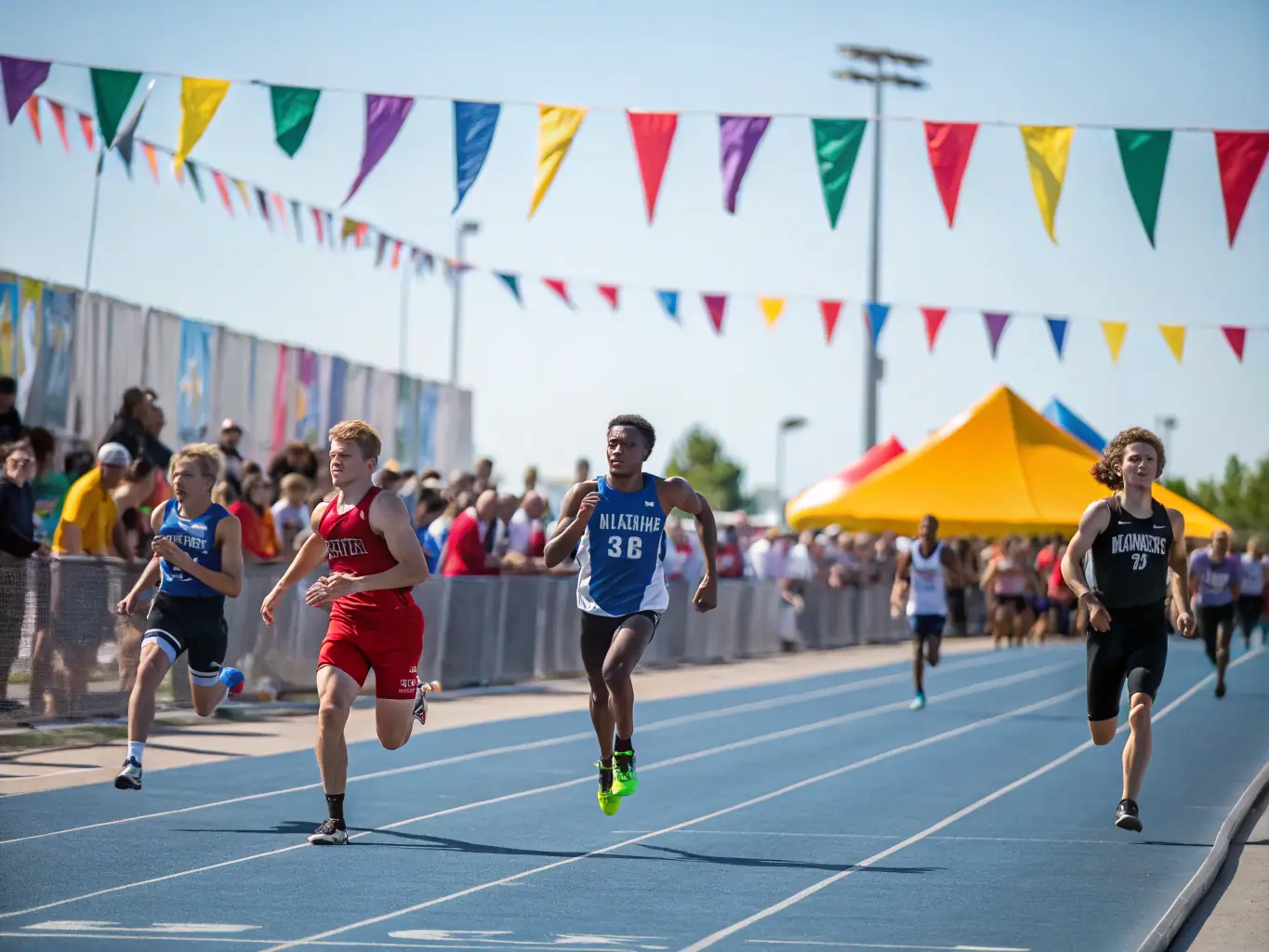 Students running track and field events on a sunny day, highlighting speed and endurance.